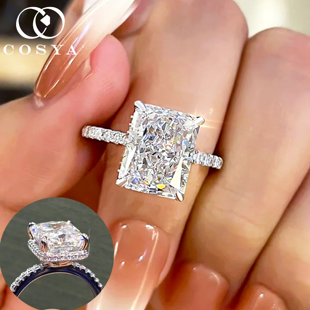 COSYA 4CT 8*10mm Radiant/Ice Cut MoissaniteL Diamond Ring For Women S925 Silver Hidden Halo Wedding Band Engagement Fine Jewelry