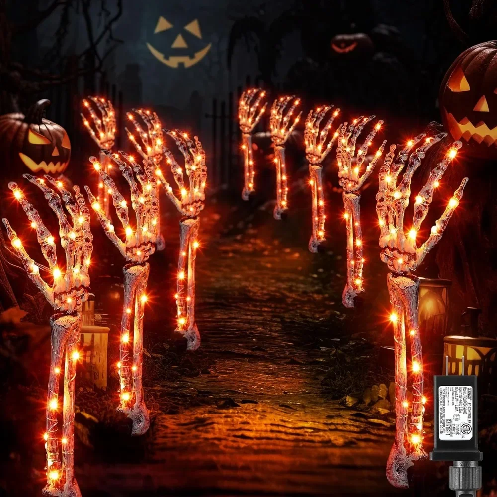 Halloween Decoration, 10 Pcs 300 LED Halloween Lighted Skeleton Arm Stakes with 8 Lighting Modes and Timer, Waterproof Sca