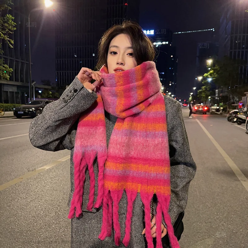 Winter Scarf for Women Cashmere Warm Striped Pashmina Blanket Wraps Female Thick Soft Wear Tassel Shawl Long Poncho T422