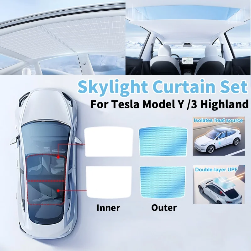 

2/3pcs Car Front Rear Sun Roof Skylight Sunscreen Curtain Cover For Tesla Model Y 2021-2024 / Model 3 2024-2025
