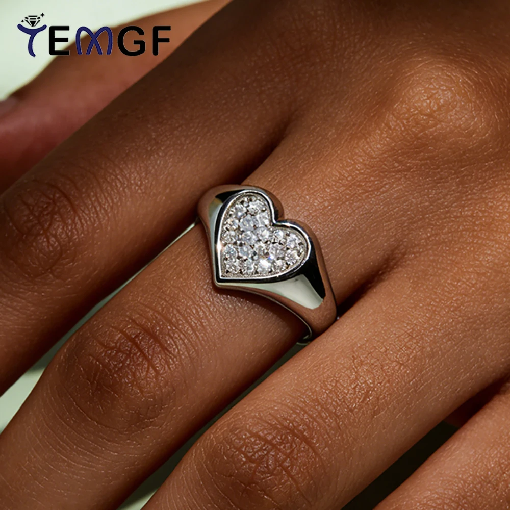 

TEMGF Sparkling Moissanite Heart Ring for Woman Men Chunky Wide Pinky Rings 925 Sterling Silver Eternity Band Hiphop Jewely