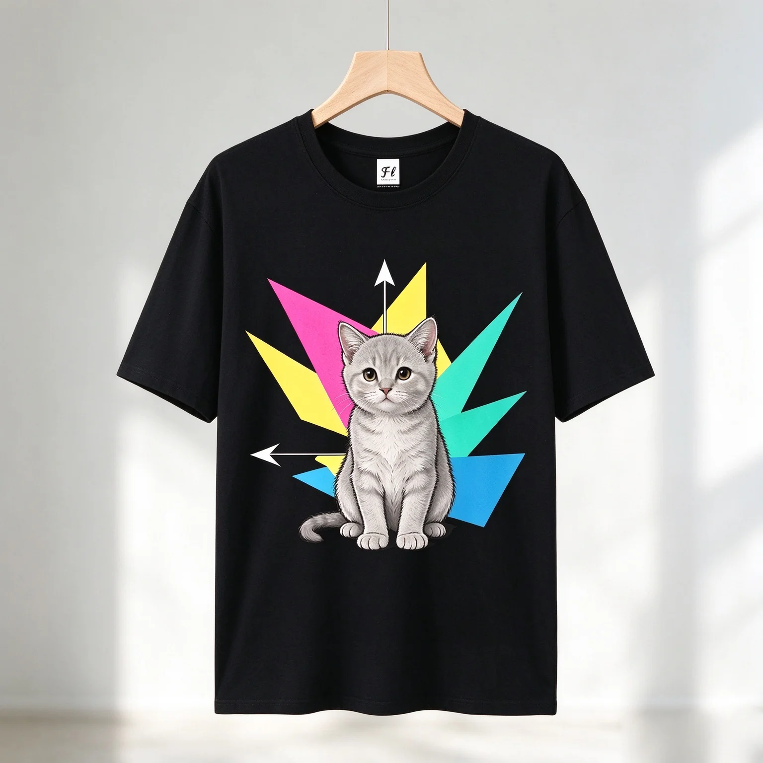 Cute Gray Cat Colorful Geometric Arrow Graphic T Shirt Casual Crew Neck Short Sleeve Tee Trendy Streetwear Unisex Tops