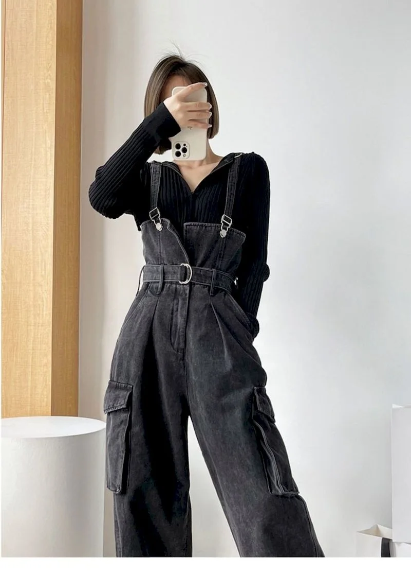 Black Denim Jumpsuits for Women Korean Style Vintage Playsuit Wide