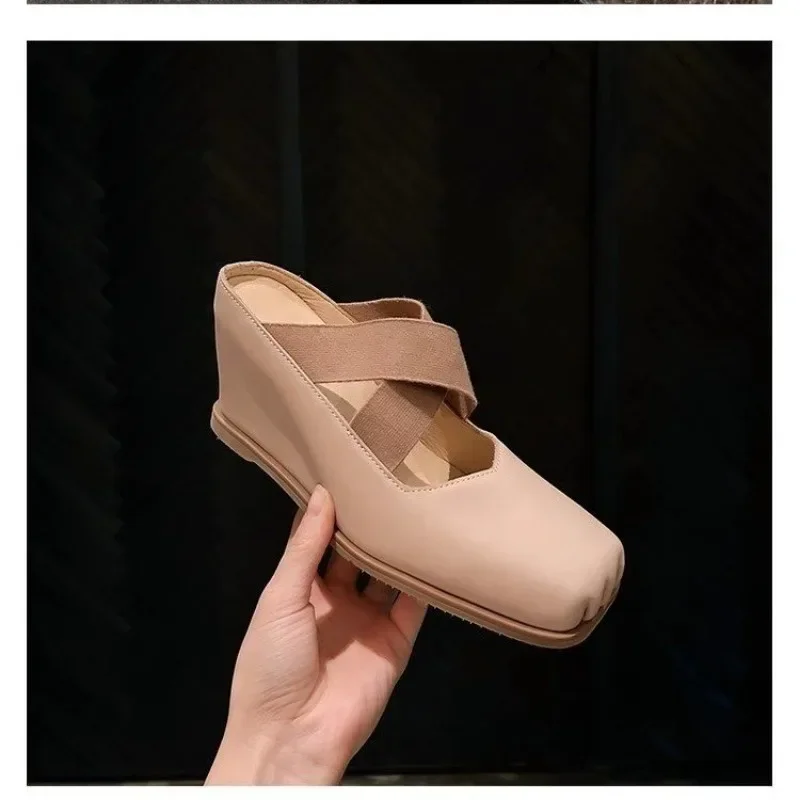 

Женские тапочки на танкетке с эластичной лентой и квадратным носком, женские универсальные тапочки на каблуке для свиданий, новая мода 8 см, Zapatillas De Mujer