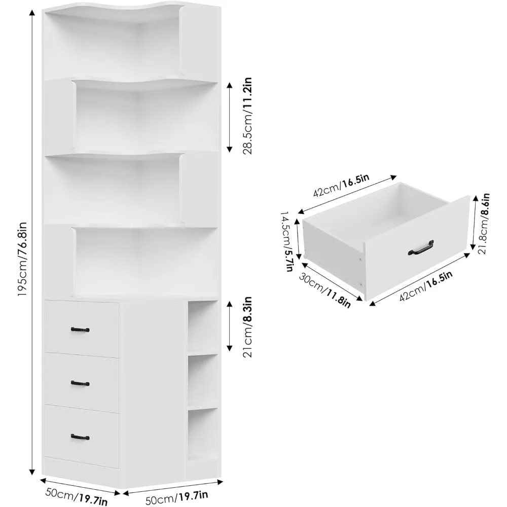 76.8” Corner Bookshelf with 3 Drawers and 3 Side Storage Cubbies, L Shaped Tall Bookshelf and Bookcase, 4 Tier Corner Bookcase,