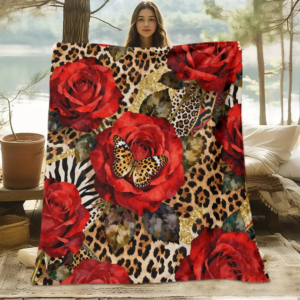 A Cozy Rose Leopard Print Butterfly Flannel Blanket, Suitable for All Seasons, Cooling Blanket, Made of 100% Skin-Friendly Polye