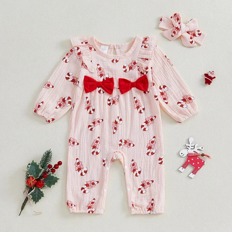 

Tregren Baby Girls Rompers Newborn Infant Christmas Clothes Long Sleeve Candy Cane Print Ruffle Jumpsuit with Headband Clothes