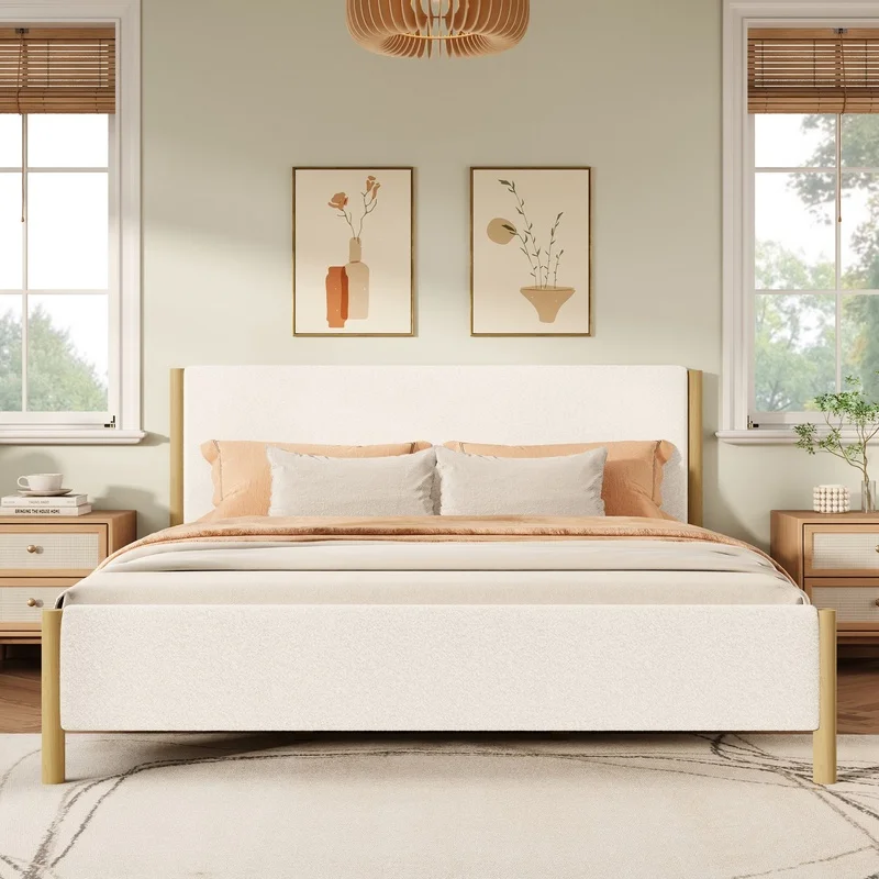 

White Boucle Upholstered King Bed with Rubberwood Legs
