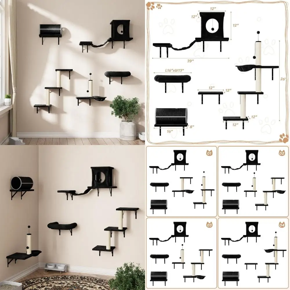 

Набор для лазания для кошек на 7 элементов, настенный, с домиком, туннелем, мостом, когтеточкой, гамаком и полками, черный цвет