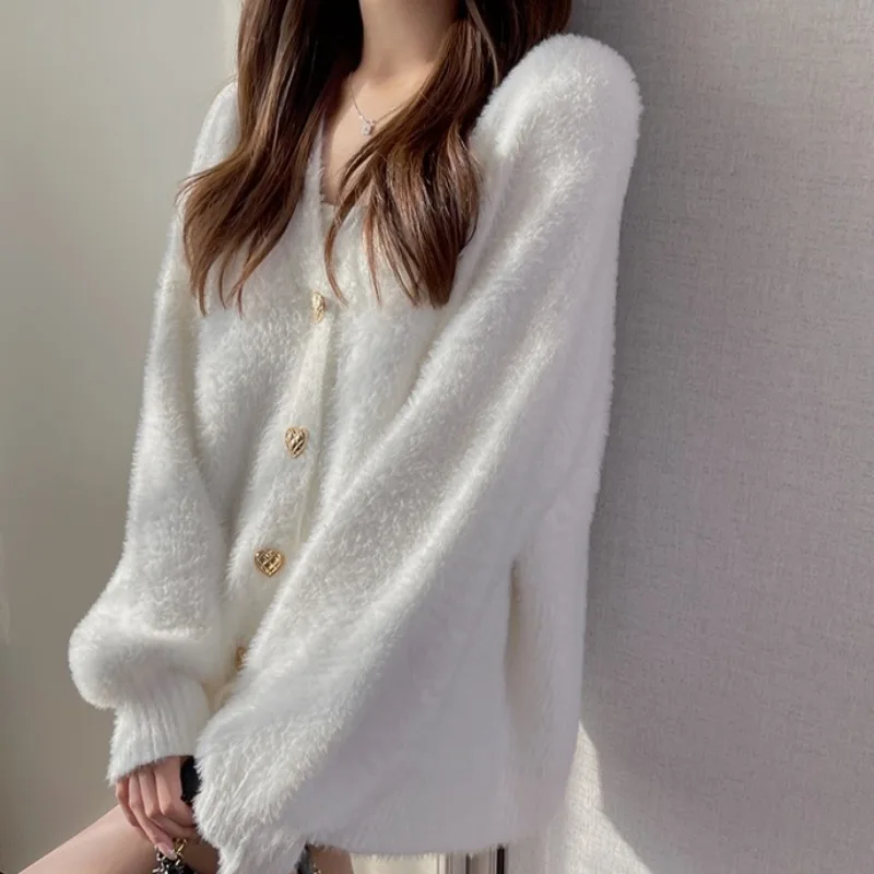 Solid Cardigans for Women All-match Korean Style Warm Autumn Winter V-neck Long Sleeve Fashion Chic Ins High Street Young Casual