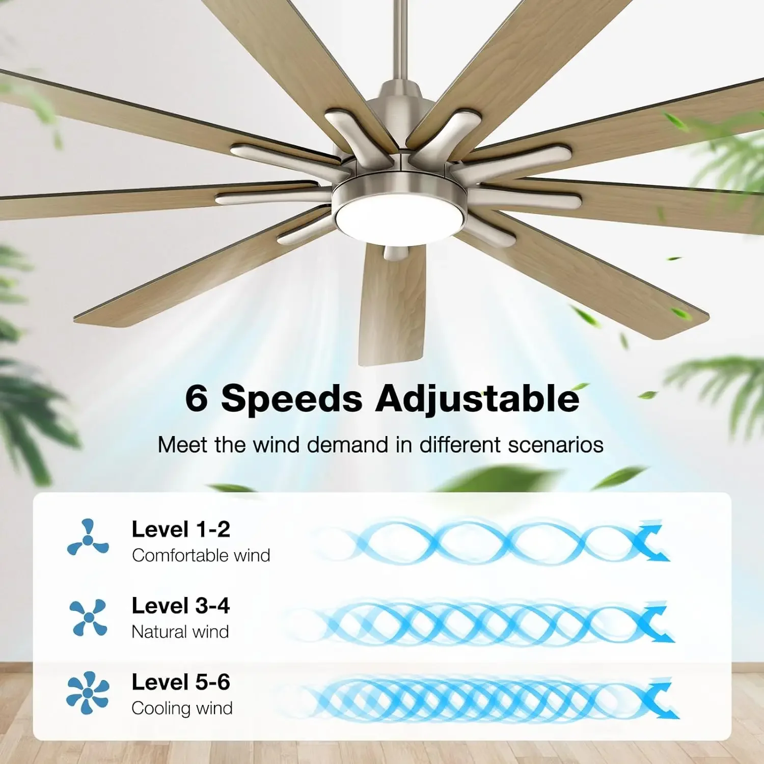 Ceiling Fan with Lights Remote Control, 62-Inch, Silent DC Motor, 6 Speed, Dimmable LED Light, Nickel, 9-Blades