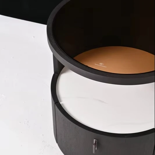 

Wholesale Minimalist Multi-Layer Wooden Bedside Table with Round Glass Top Unique Guide Rail Drawer for Bedroom or Hotel