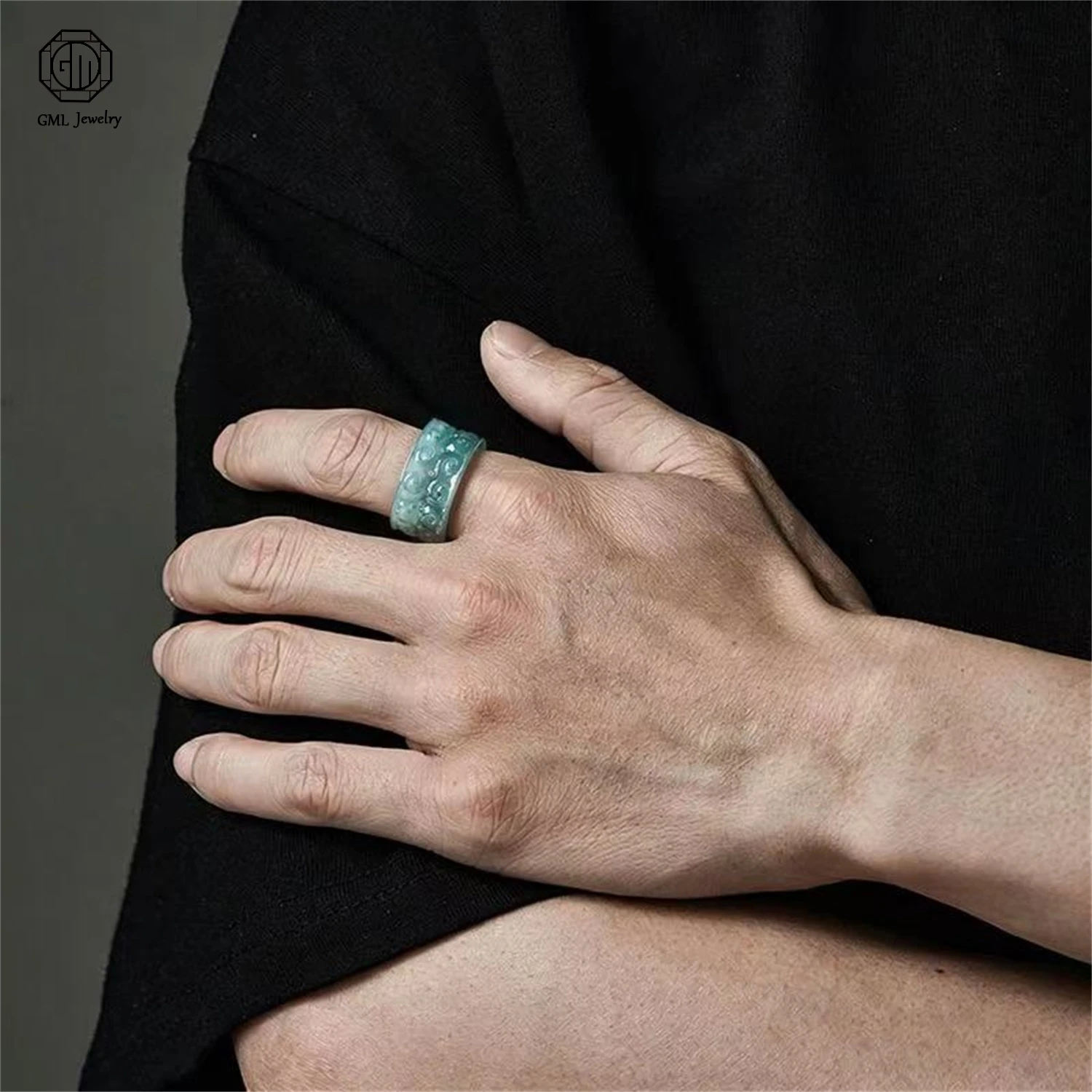 Natural Grade A Jadeite Blue Water Landscape Thumb Ring Ice Translucent Unisex Men Women Couple Gemstone Band Jewelry Gift view 3