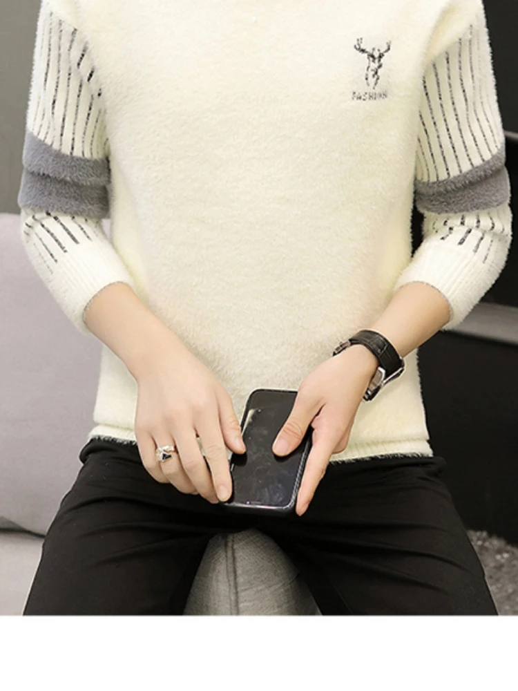 

Утепленный мужской вязаный свитер с высоким воротником, модный, универсальный, теплый базовый слой, осенне-зимний, из норкового бархата, молодежный стиль