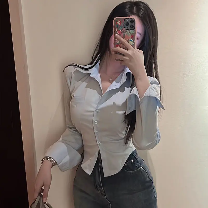 Damska koszula i bluzka Sexy Spring Autumn Slim Fit Female Crop Tops Full Long Sleeve Button Up Tall Y2k Chic Casual Pretty New