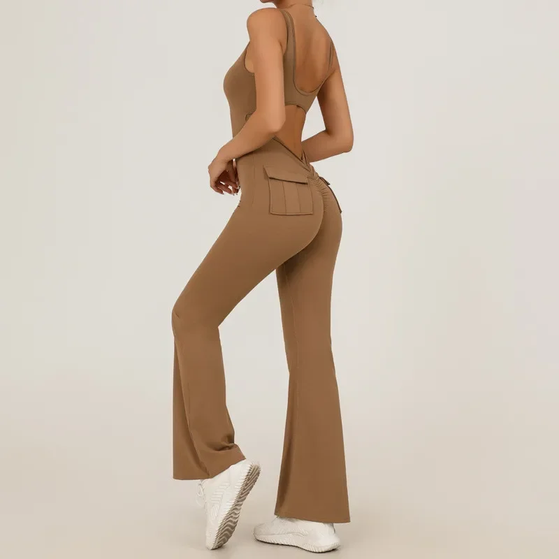 

Sexy Back V Jumpsuit Gym Set Women Yoga Suit Sportswear Women Sports Jumpsuit Fitness Rompers Workout Bodysuits Pocket