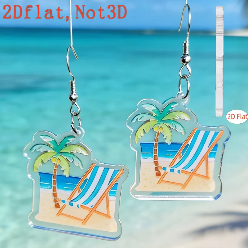 New Cross Border 2D Tropical Hawaii Series 2D Flat Acrylic Dangle Earrings Beach Chair Coconut Tree Seaside Vacation Jewelry