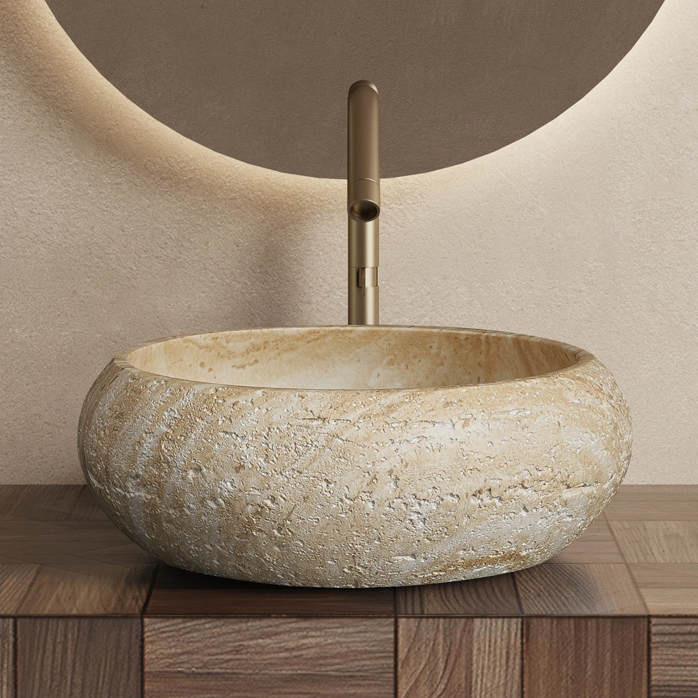 Vintage Style Artificial Stone Bathroom Vessel Sink Counter Top Hand Wash Basin Yellow Wood Grain Travertine Art Bathroom Basin