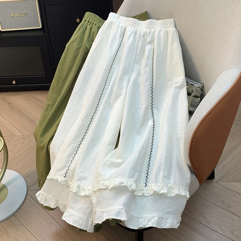 Pantalon ample en coton et lin pour femmes, jambes larges, taille haute, taille élastique, garniture en dentelle brodée, jupe, neuf points, couleur Pure, été