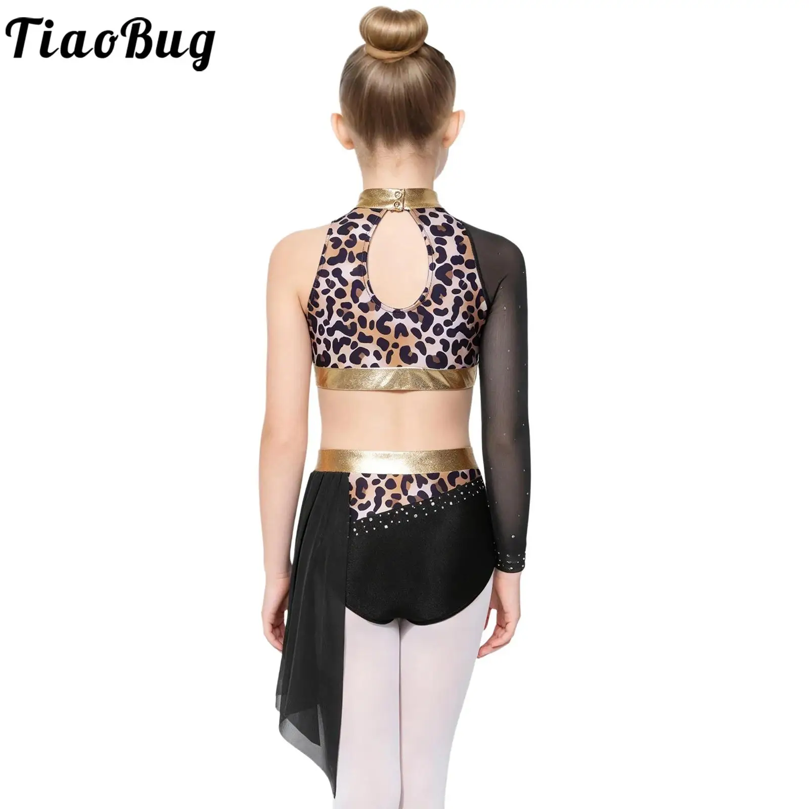 Kids Girls Ballet Dance Figure Skating Artistic Gymnastics Performance Costume Long Sleeve Rhinestone Mesh Crop Top with Bottoms