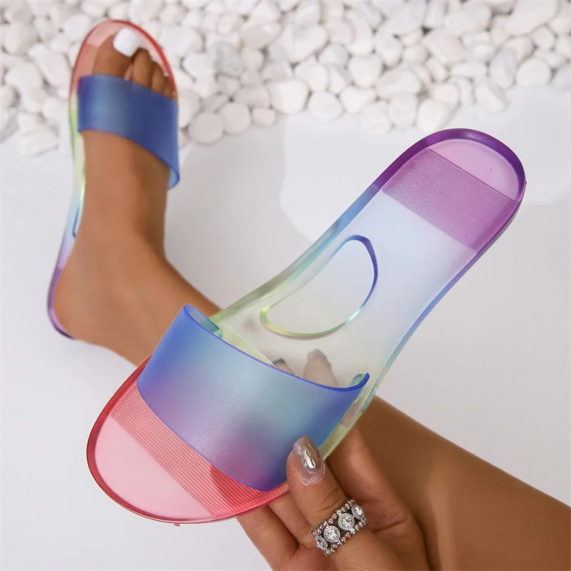 New Summer Style Fashionable and Comfortable Transparent Seaside Jelly Soft-soled Shoes One-word Wet Rubber Jelly Sandals