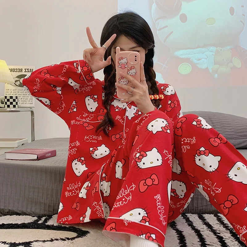 Sanrio cartoon animation Hello Kitty pajamas women, the new comfortable loose sweet red KT can wear home clothes suit