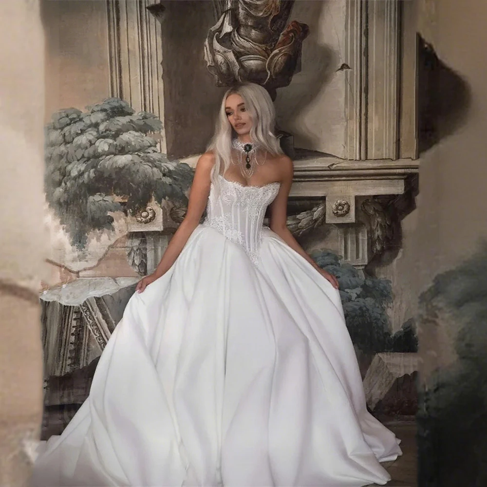 

Customized Elegant Boat Neckline Sleeveless Satin Wedding Dress with Open Lace-up Back Floor Length Sweep Train Gown for Bride