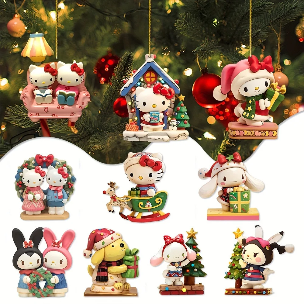 Sanrio Anime Figure Christmars Tree Decorative Pendant Hello Kitty Kuromi 2D Keychain Acrylic Pendants Kids Toy Christmars Gifts