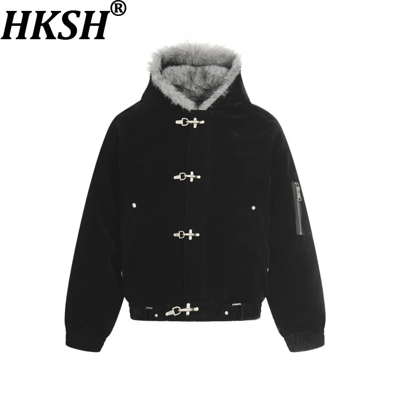 

HKSH Осенне-зимняя новая мужская хлопковая куртка с меховым воротником в стиле панк, утепленная теплая стеганая куртка с капюшоном, свободная женская Y2K, винтажная HK15278