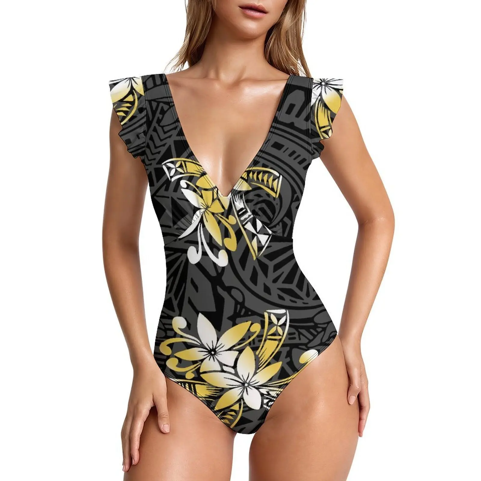2026 New Style Women'S Gathered V-Neck Frill Sleeve One-Piece Swimming Suit With Polynesian Custom Pattern One-Piece Bikini