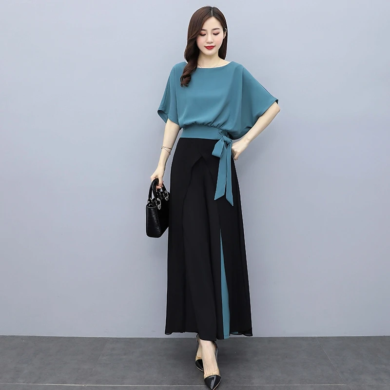 Summer Chiffon Elegant Women 2 Piece Pant Sets Batwing Sleeve Tops + Wide Leg Pants Chic Stylish Fashion Casual Female Pant Sets