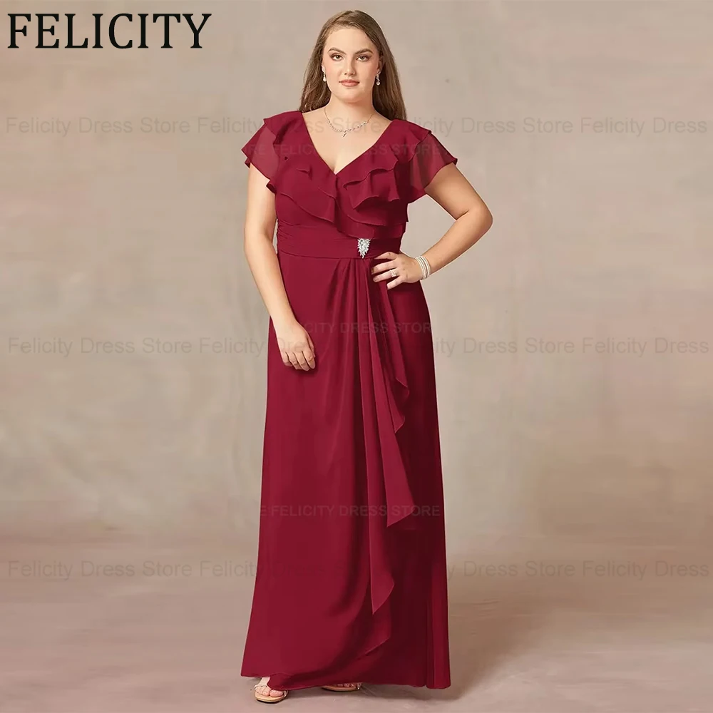 

FELICITY Plus Size Mother of the Bride Dresses 2025 Customized A-Line V-neck Floor-Length Pleated Crystal Wedding Party Dresses