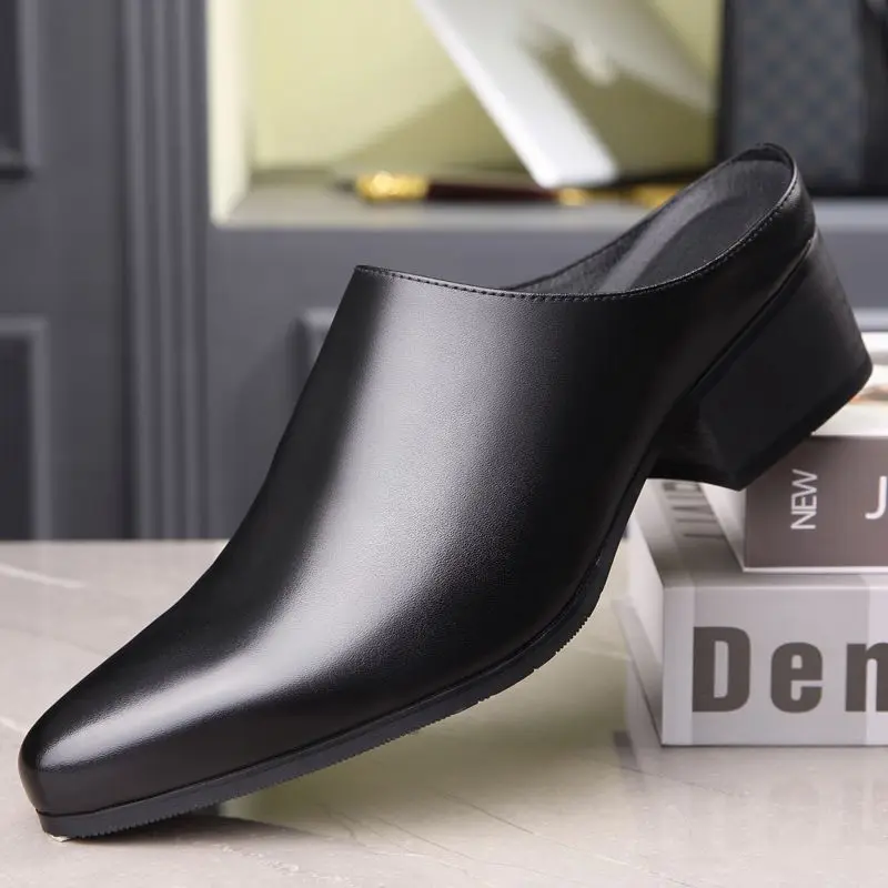 Pointed Men's Sandals Business Casual Dress High Heel Without Heel Leather Shoes Fashion Versatile Bag Head Tide Slippers - view 2