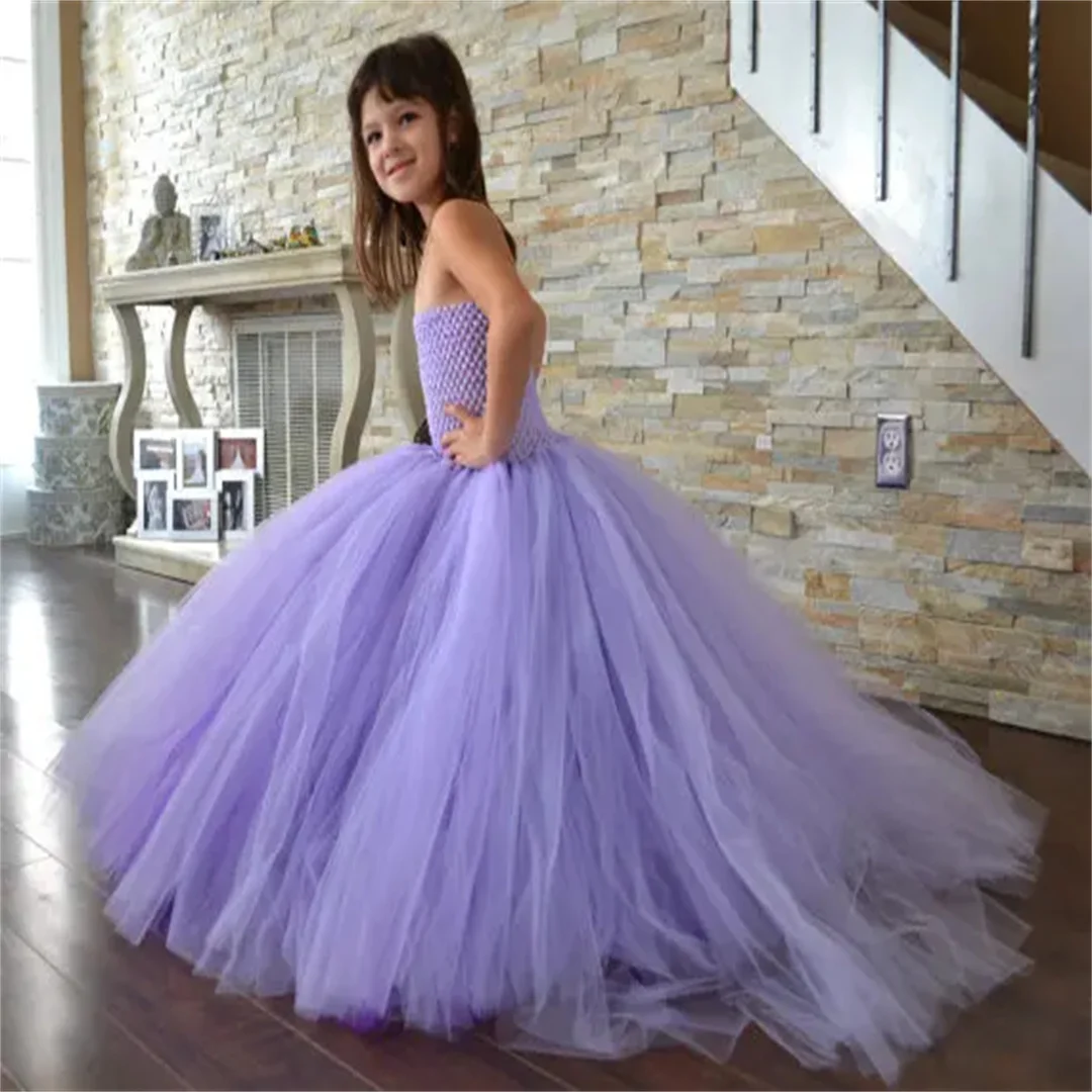 Communion Girls Purple Trailing Evening Tutu Dress Kids Fluffy Crochet Long Tulle Corset Tutus Ball Gown Children Wedding Party