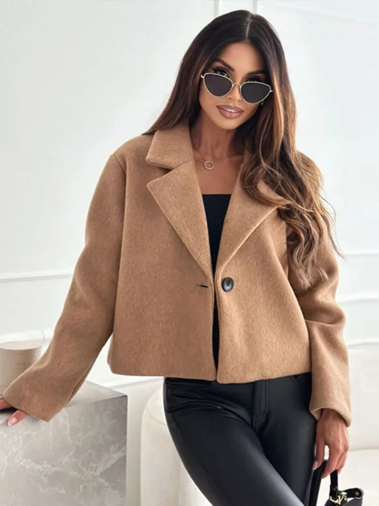 Solid Wool Short Coats Women Fashion Wool Single-breasted Thick Slim Cropped Jackets Elegant Casual Long Sleeve Lapel Outwears