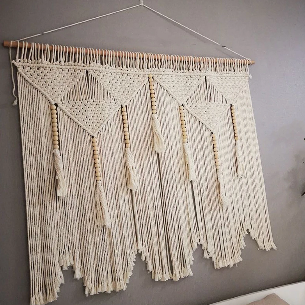 Large Macrame Wall Hanging Tapestry with Wooden Stick Hand-Woven Bohemia Tassel Curtain Tapestry Wedding Backgroud Boho Decor