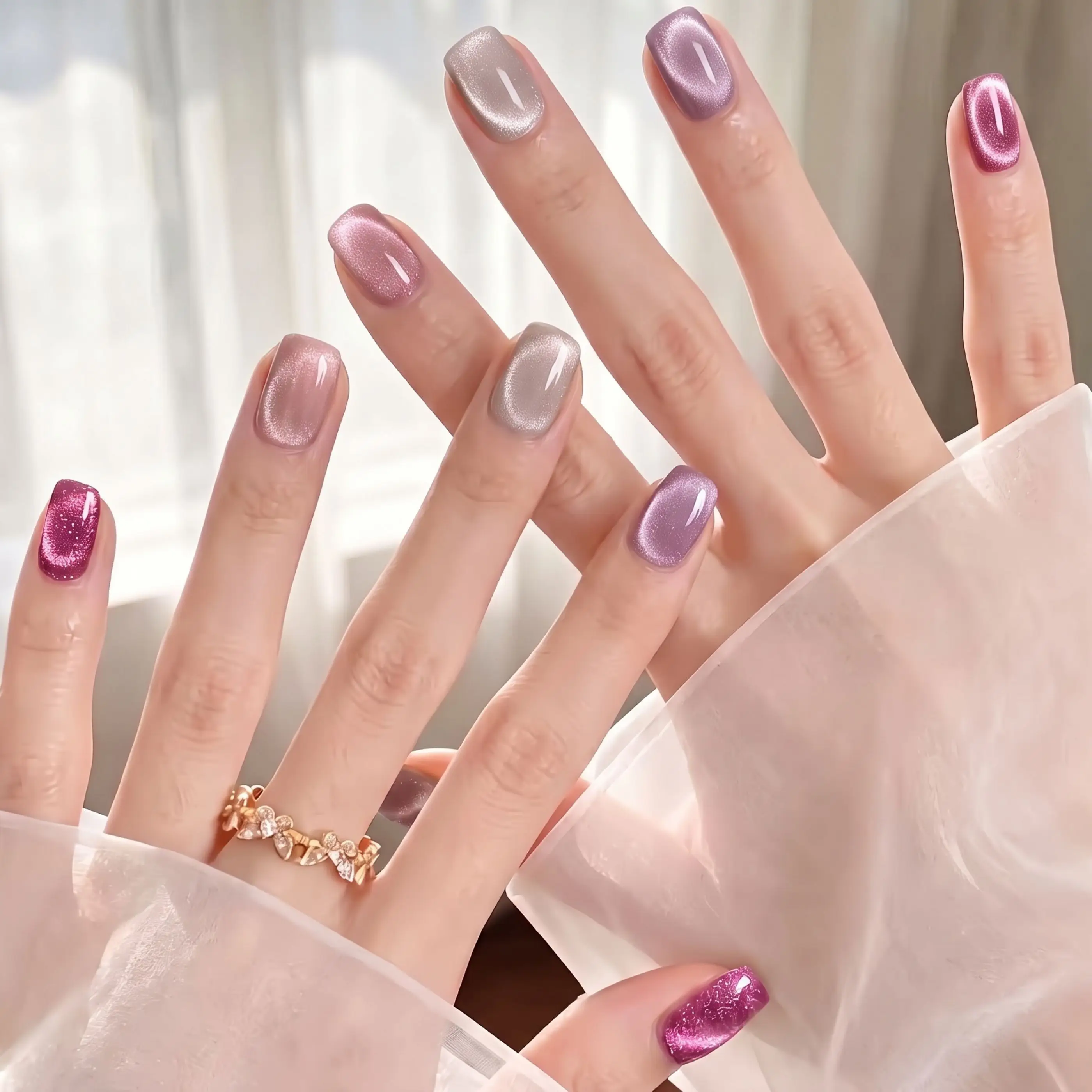 Hassleless 4Pcs Pink Cat Eye Nail Polish Set, Peach Rose Pink Nude Cat Eye, Dynamic Magnetic Light-Reflecting Strip, Clear and Gentle, Brightens Skin Tone, Long-Lasting Uv Nail Polish, Nail Art DIY Set