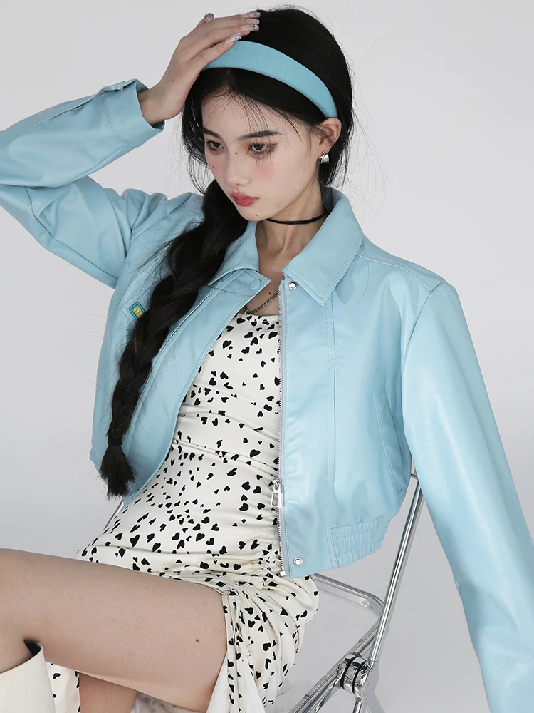 ブルーレザー ジャケット レディース フリーデザイン 春新作 ジッパー開閉 ロングスリーブ スリムフィット ユースファッション