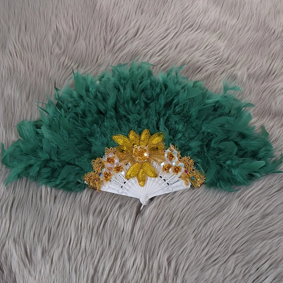 Ostrich  Hand Fan with Gold Sequin Embroidery Floral Appliques, Vintage Folding Costume Fan for Wedding Photoshoot