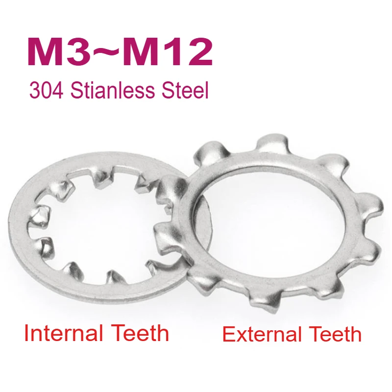 M3 M4 M5 M6 M8 M10 M12 304 Stianless Steel External/Internal Teeth Lock Washer Lock Spacer Gasket Anti-skid High Quality