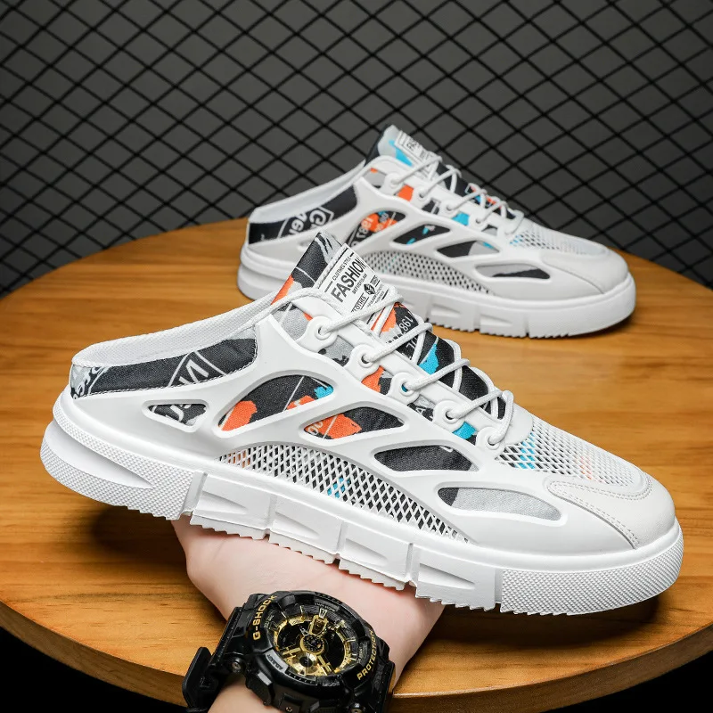 

2025 Summer Casual Single Shoes Mesh Breathable Half Slippers Minimally Designed One Step Stepping Baotou Dragging Light Trendy