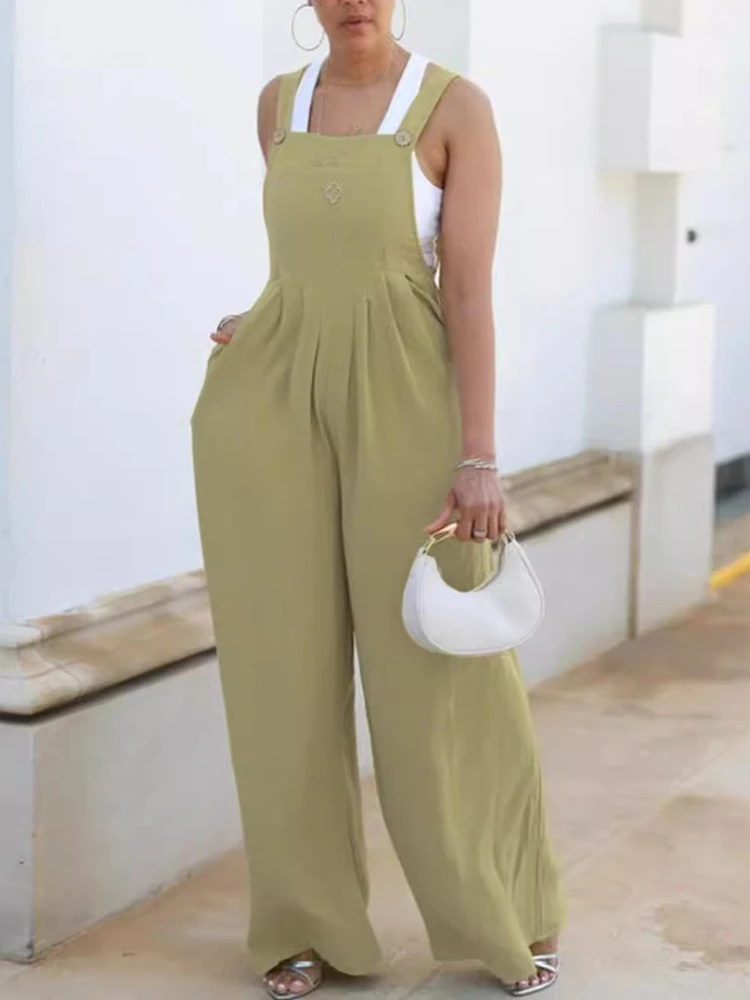 Jednokolorowy modny kombinezon z szerokimi nogawkami i kieszeniami 2025 Nowość w letnim trendzie mody Damski kombinezon z minimalistycznymi szelkami