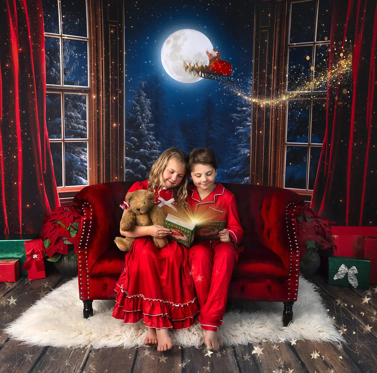 Magical Christmas Eve View Backdrops Kids Baby Photography Props Child Adult Photocall Evening Moon Windows Backgrounds