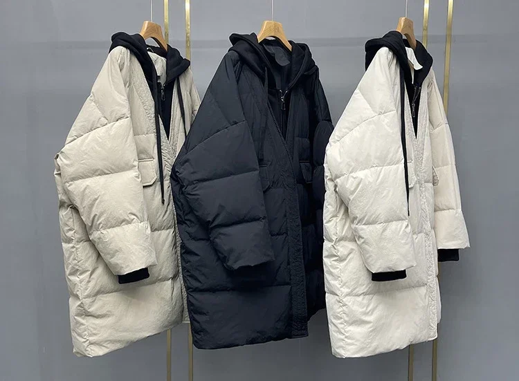 Women White Duck Down Over Size Jacket Autumn Winter Warm Casual Outwear with Hood Fake Two Pieces Patchwork Coat 2024