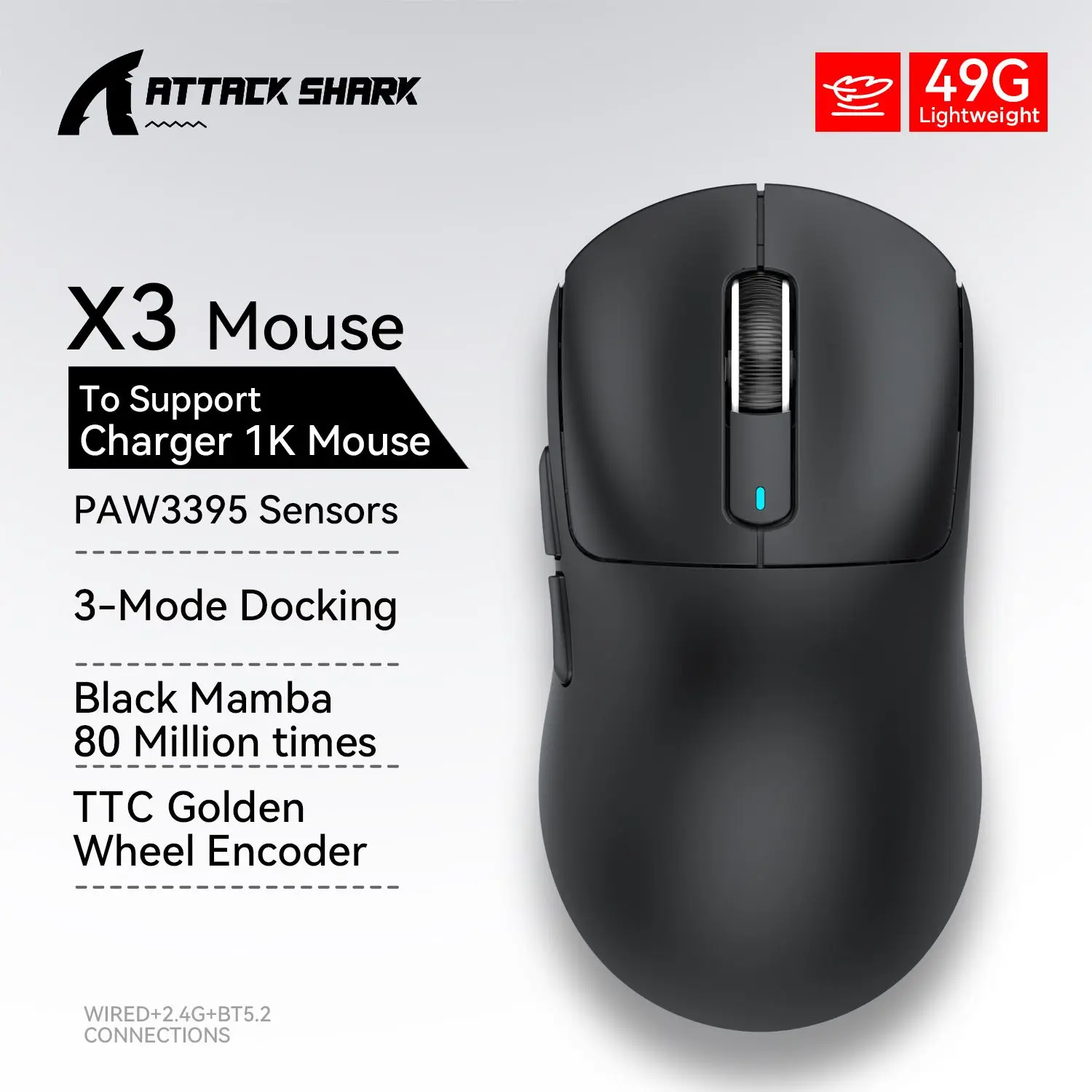 Aanval Haai X3 Bluetooth Mouse 49G Lichtgewicht Pixart Paw3395 26000Dpi 650ips Tri-Mode Verbinding Macro Gaming Muis