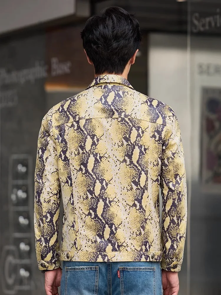 سترة جلدية أصلية فاخرة للرجال بنمط الأفعى من جلد الغنم بقصة ضيقة واحدة الصدر ملابس خارجية لحفلات الأعمال سترات فاخرة