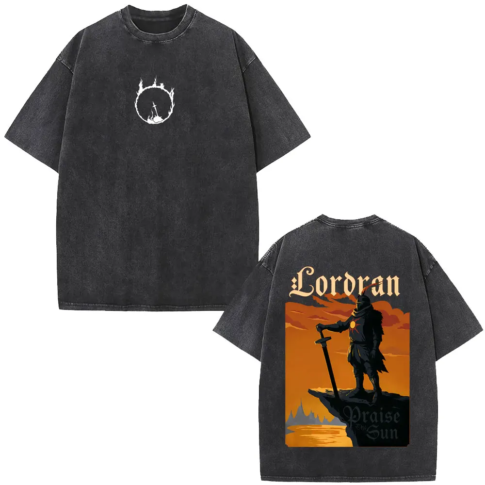 Washed Vintage Game Dark Souls Double Sided Print T-shirt Men Women Retro Gothic Rock T Shirts Men's Casual Oversized T-shirts