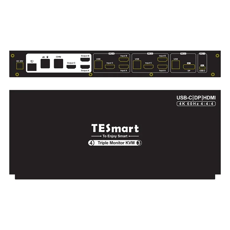 مفتاح TESmart 4 في 3 خارج KVM يدعم 4K 60HZ 2 أوضاع عرض L/R شاشة صوت ثلاثية USB C DP HDMI KVM Switch