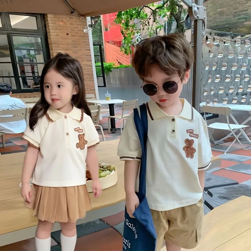 New Brother Sister Suit Kids Bear Set Boys Gentleman Suit+Girls POLO Dress+Girls Skirt Suit Toddler Party Family Outing Leisure