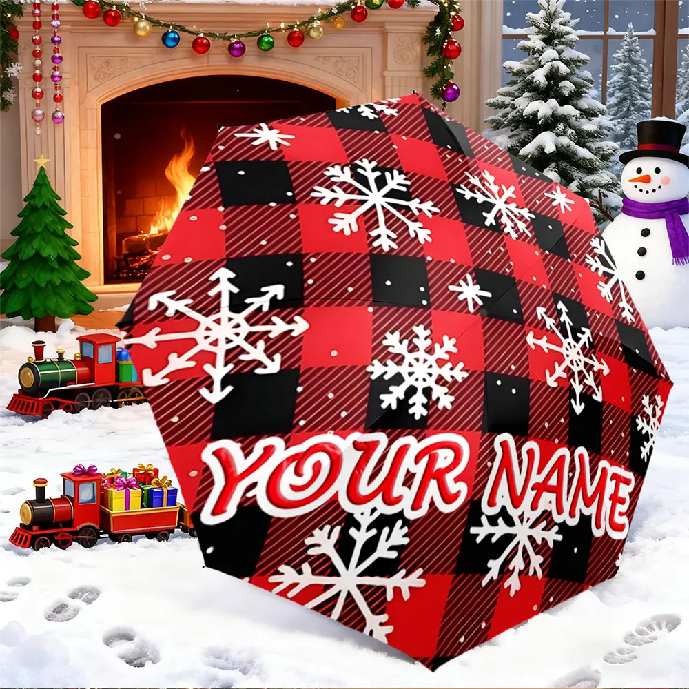 Custom Name Umbrella， Personalized Red Plaid Snowflake Design Umbrella ,Portable Folding Umbrella, Christmas Gift